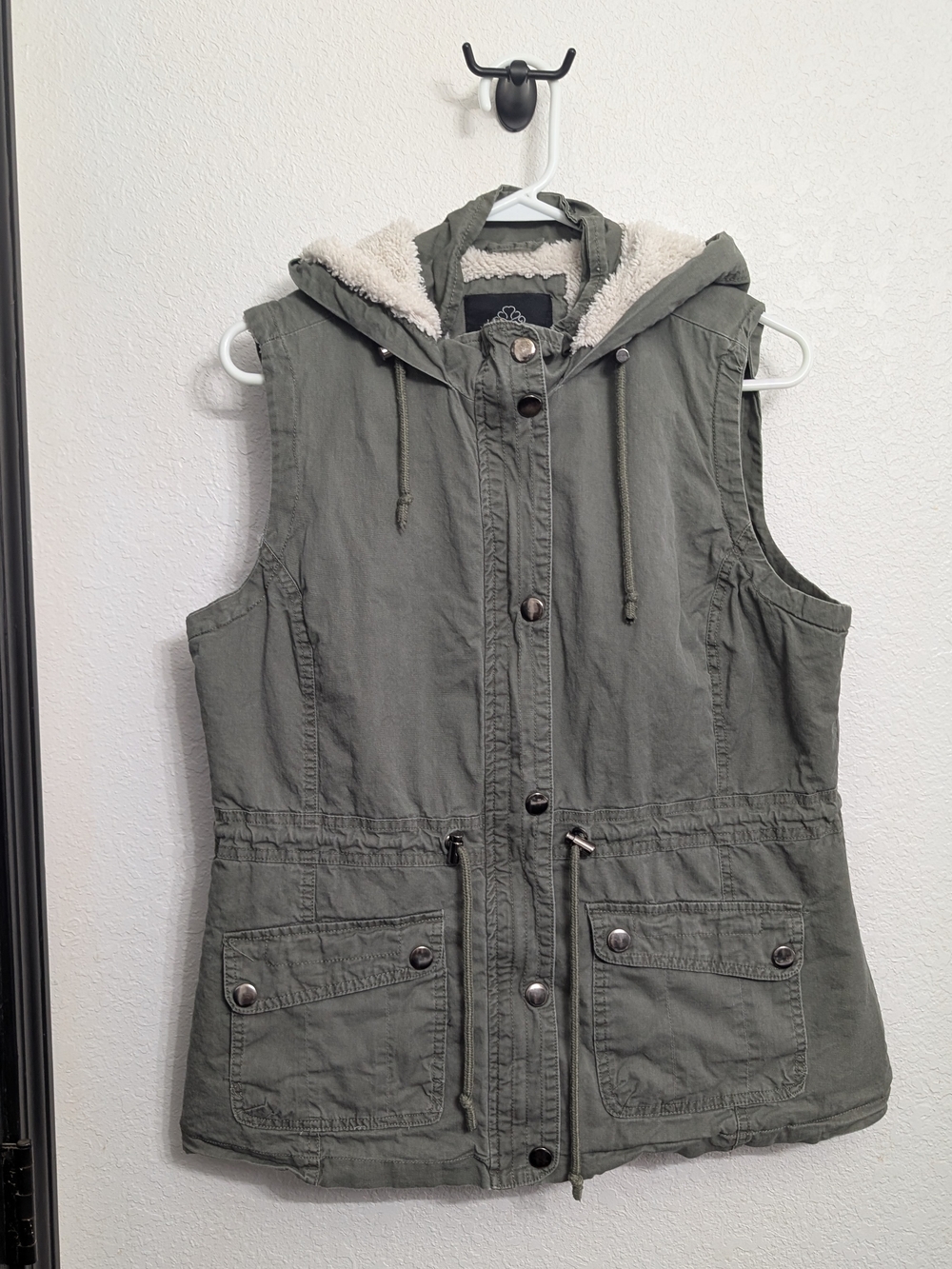 Women’s Olive Green Hooded Utility Vest with Sherpa Lining